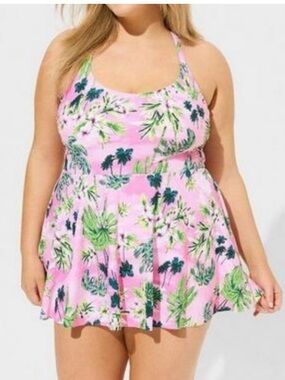 Torrid pink tropical summer print one piece swimsuit with skirt